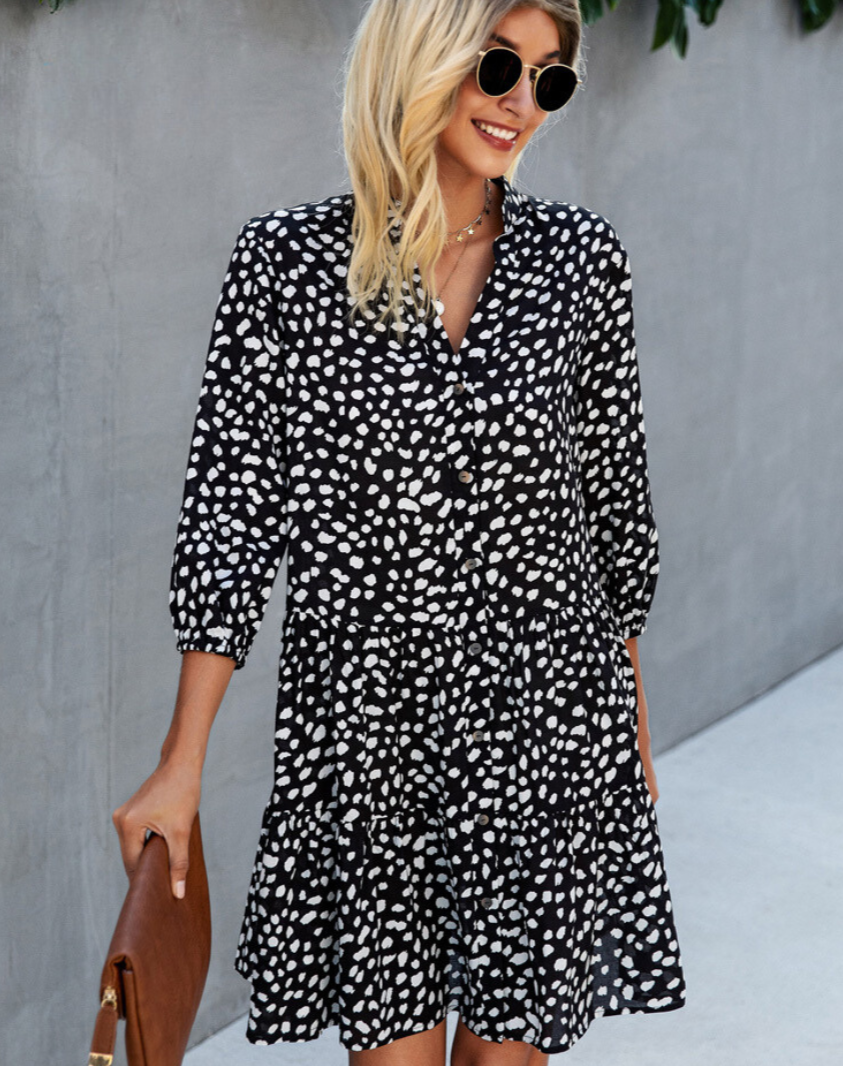 Dam Klänning Casual Med Knappstängning i Mjukt Tyg 3