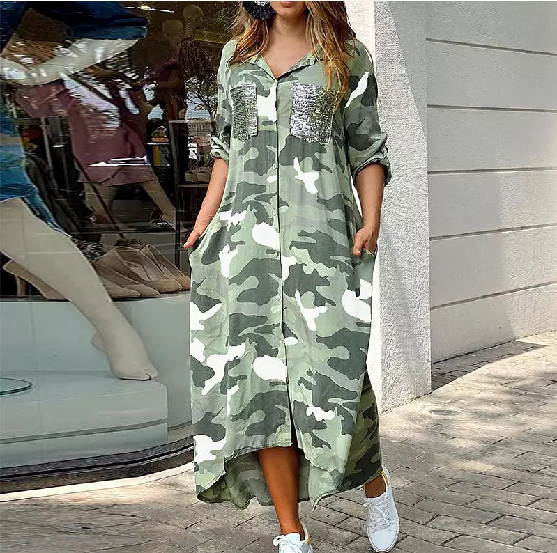Dam Midiklänning Kamouflage Bomull Polyester-3