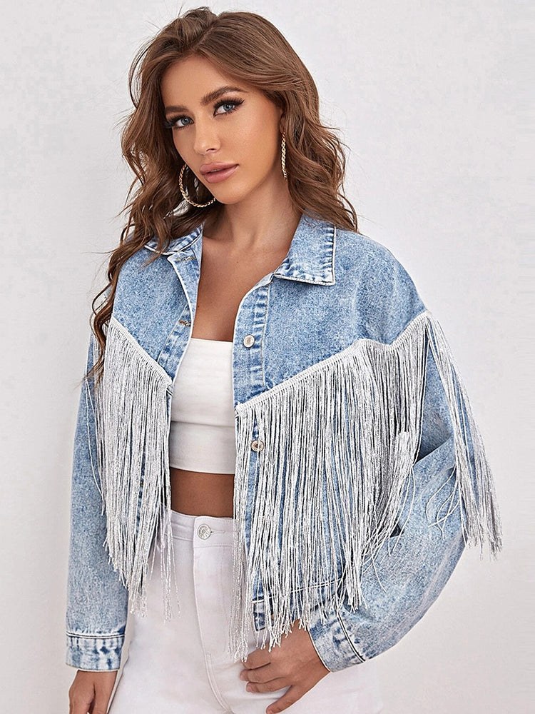 Dam Kort Denimjacka Retro Polyester-2