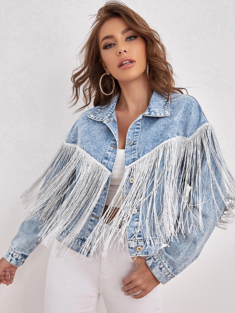 Dam Kort Denimjacka Retro Polyester-4