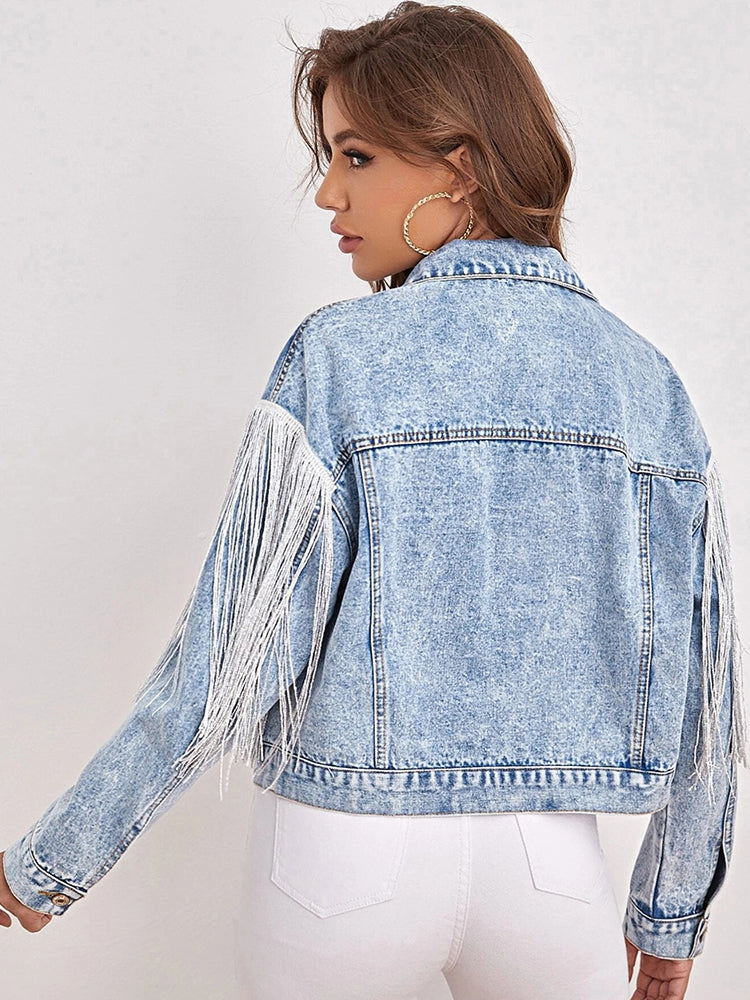 Dam Kort Denimjacka Retro Polyester-6