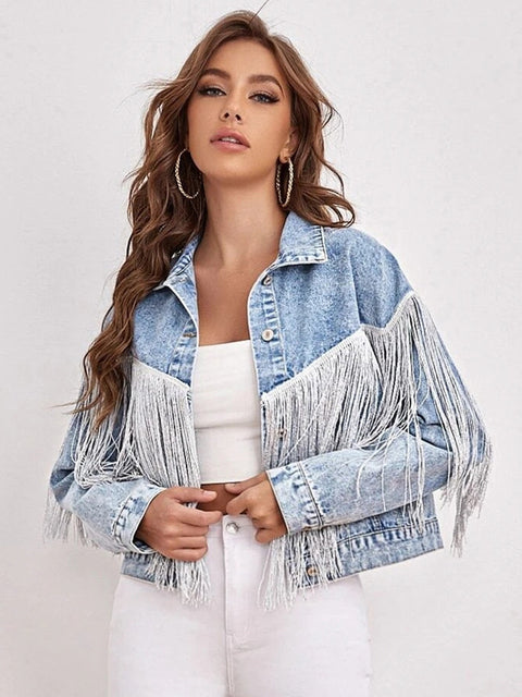 Dam Kort Denimjacka Retro Polyester-1