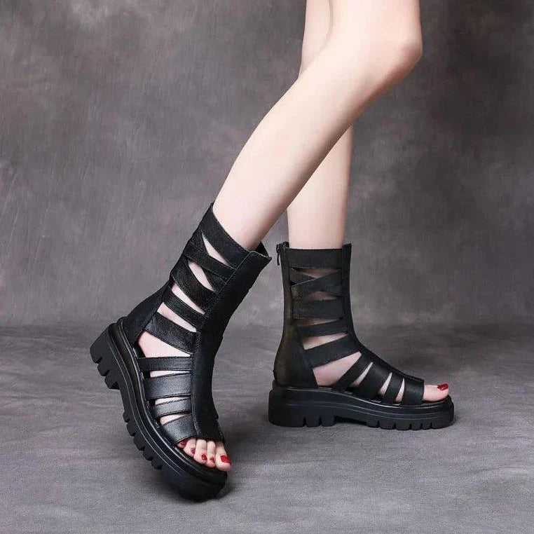 Damstövlar Kalvlängd Chunky Sula Läder med Remmar-4