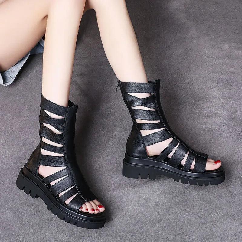 Damstövlar Kalvlängd Chunky Sula Läder med Remmar-5