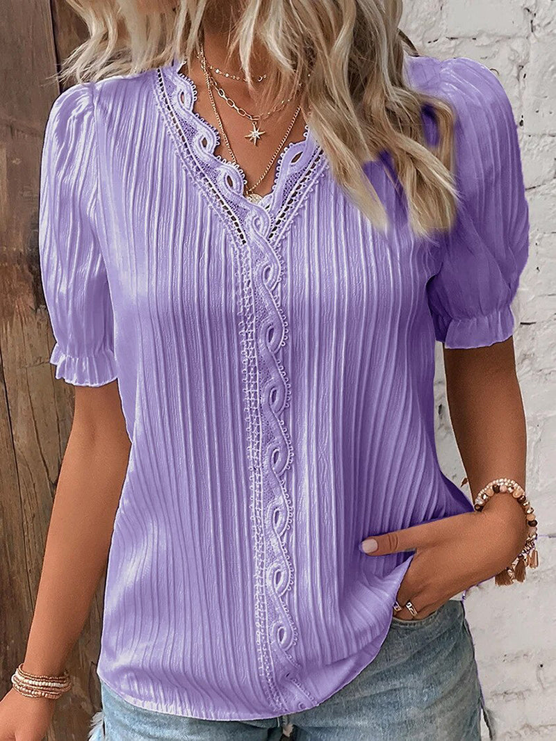 Variant image for Dam Blus V-hals Puffärmar Polyester - Vit Blus för Elegant Stil-17