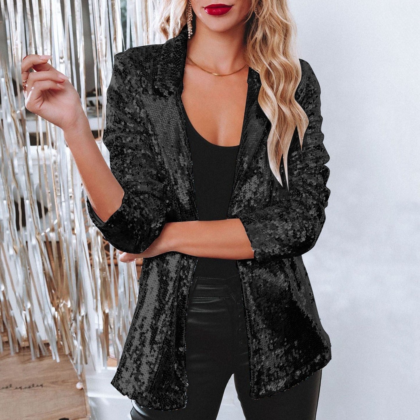 Kvinnors Glitter Blazer Elegant Blandat Tyg Vinter-4