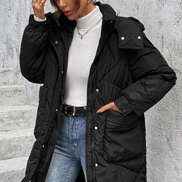 Damjacka Lång Quiltad med Huva Polyester Vinterjacka-3