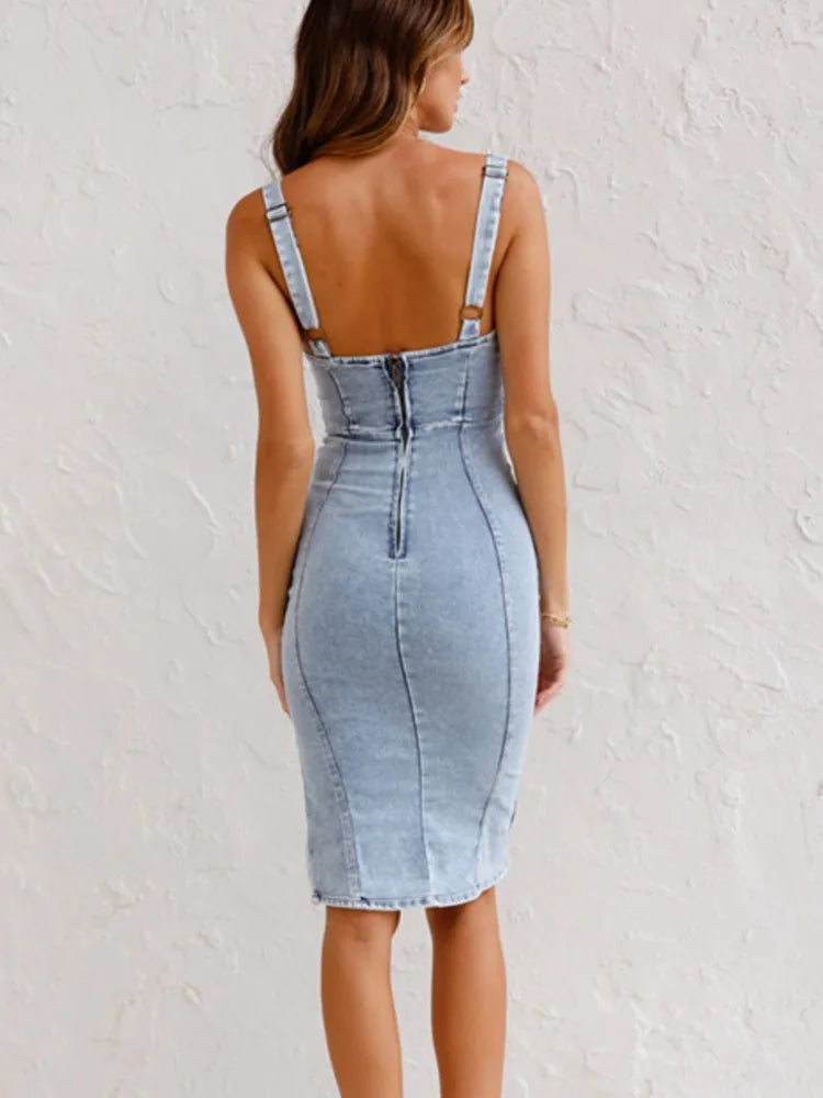 Dam MIDI Klänning Justerbara Remmar Denim Bodycon-4