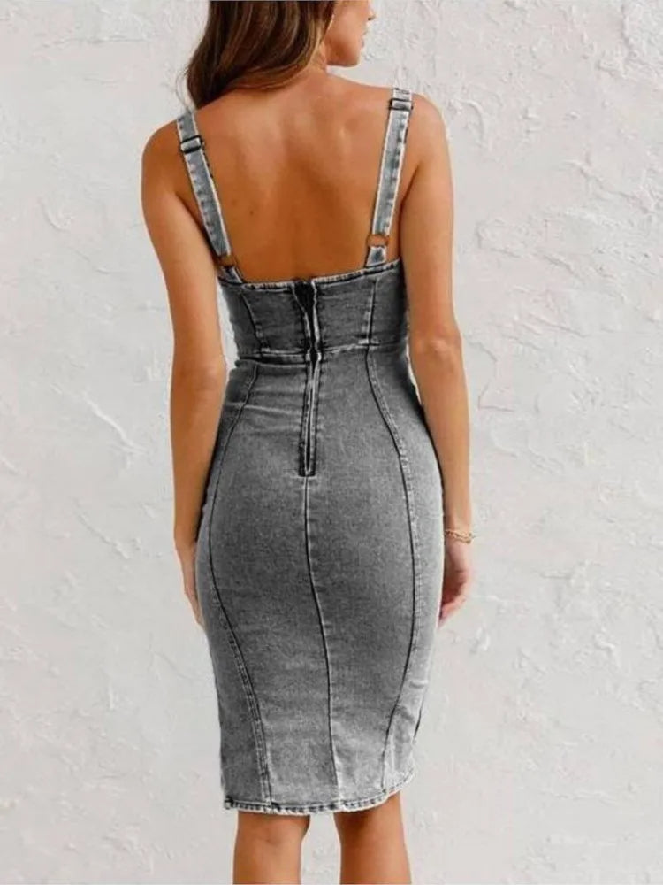 Dam Lång Jeansklänning Justerbara Remmar Denim 2