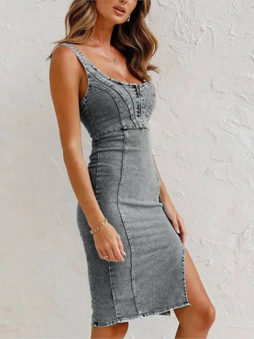 Dam Lång Jeansklänning Justerbara Remmar Denim 1