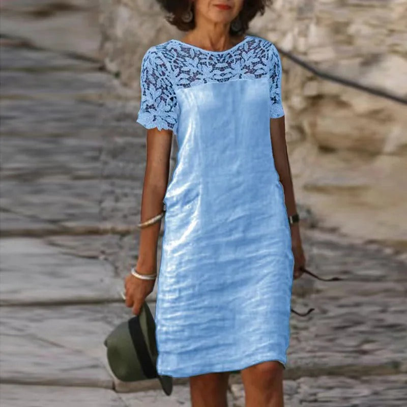 Fina Dam Klänningar Knälång i Lätt Bomull och Linne – Elegant Avslappnad Passform med Spetsdetaljer 4