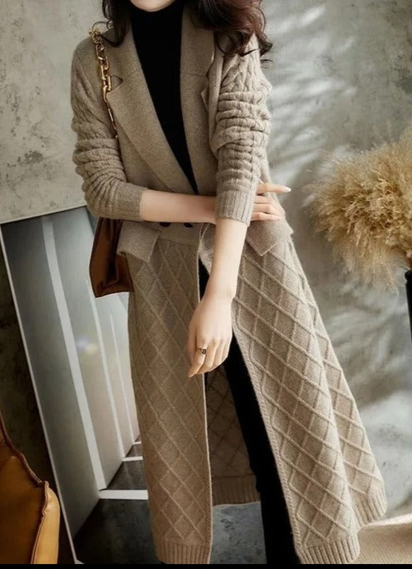 Dam Lång Kofta Cardigan i Ull 100% för Höst och Vinter-3