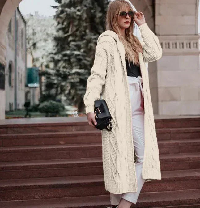 Lång Kofta Dam Stickad med Huva för Bekväm och Mångsidig Stil-4