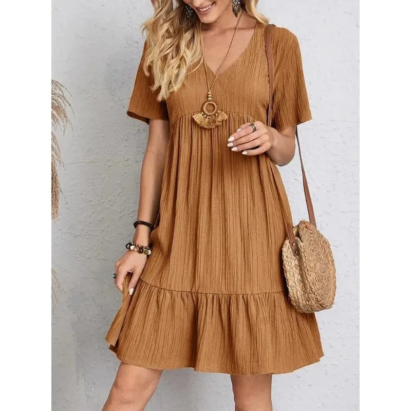 Dam Sommarklänning V-ringning Korta Ärmar Ruffles Lätt Material-3
