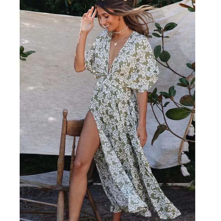 Dam Klänning V-ringning Boho Stil 100% Bomull Fladdrande Silhuett 4