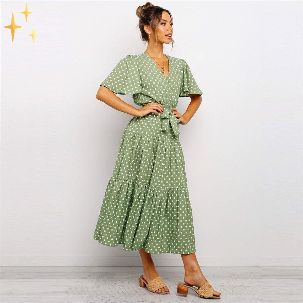 Damklänning Midi Wrap V-hals Fjärilsdesign Lätt Material-4