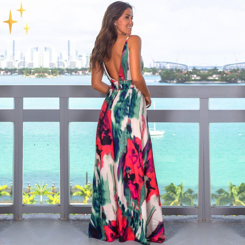 Dam Maxiklänning V-ringning Blommönster Lätt Polyester Sommar-4