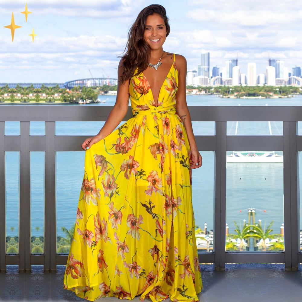 Dam Maxiklänning V-ringning Blommönster Lätt Polyester Sommar-5