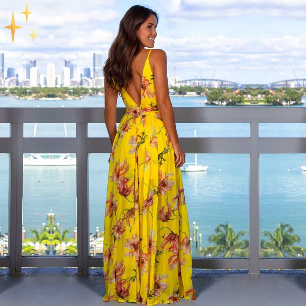 Dam Maxiklänning V-ringning Blommönster Lätt Polyester Sommar-6
