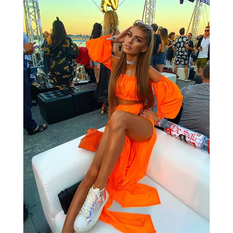 Damkläder Off-Shoulder Crop Top och Lång Kjol Set Polyester för Sommar 2