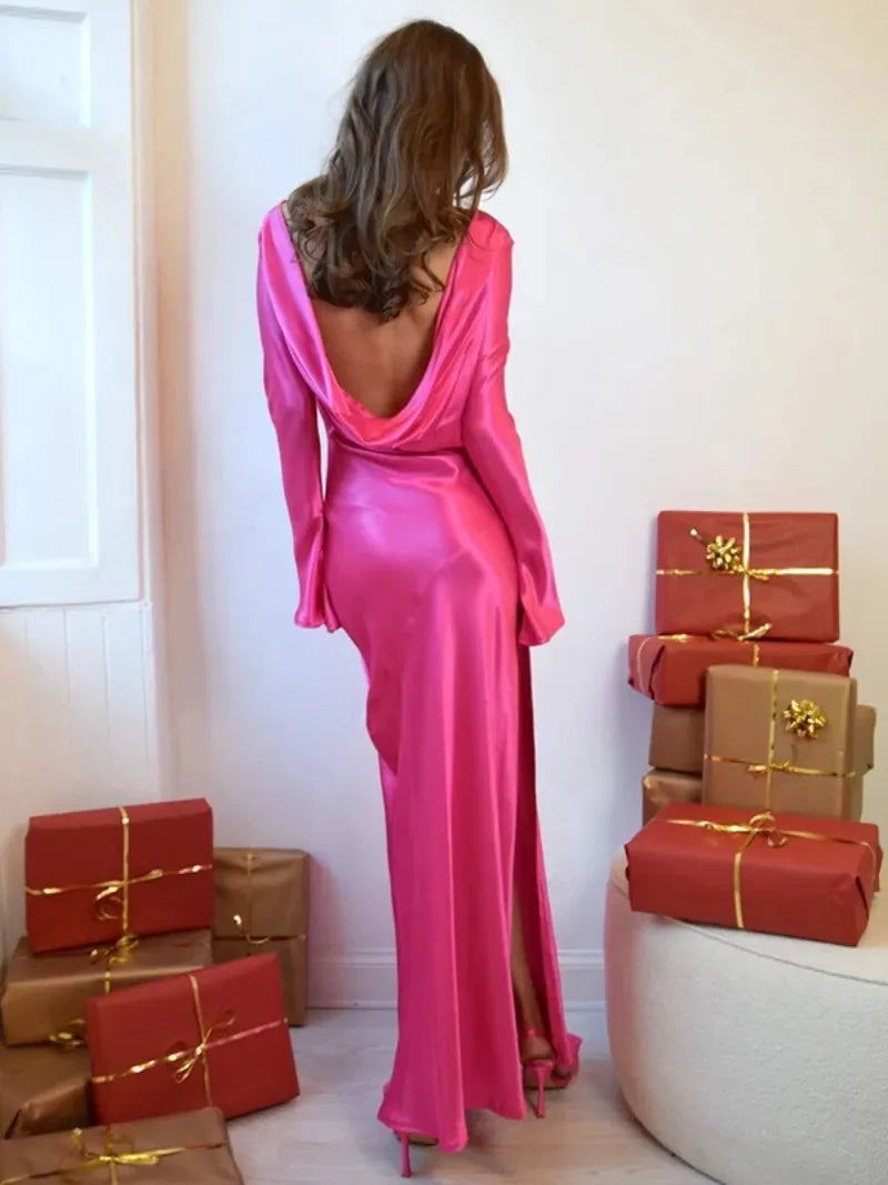 Kvinnors Ankel-lång Klänning O-hals Satin Hög Midja-3