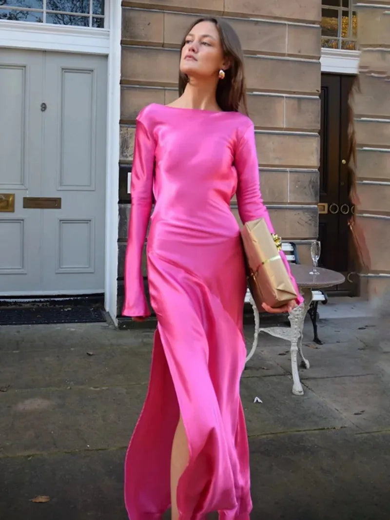 Kvinnors Ankel-lång Klänning O-hals Satin Hög Midja-6