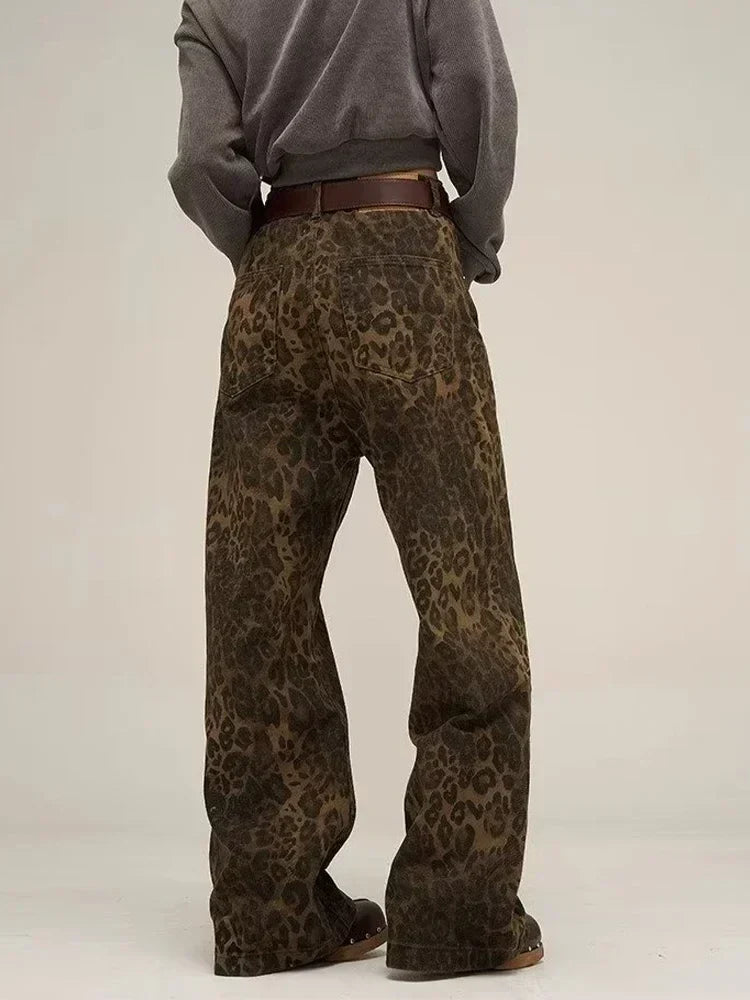 Dam Jeans Leopardmönster Låg Midja Raka Ben Bomull 4