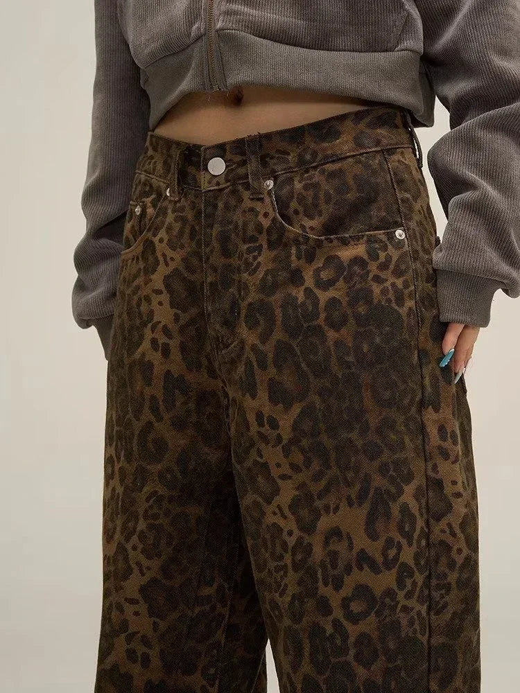 Dam Jeans Leopardmönster Låg Midja Raka Ben Bomull 5