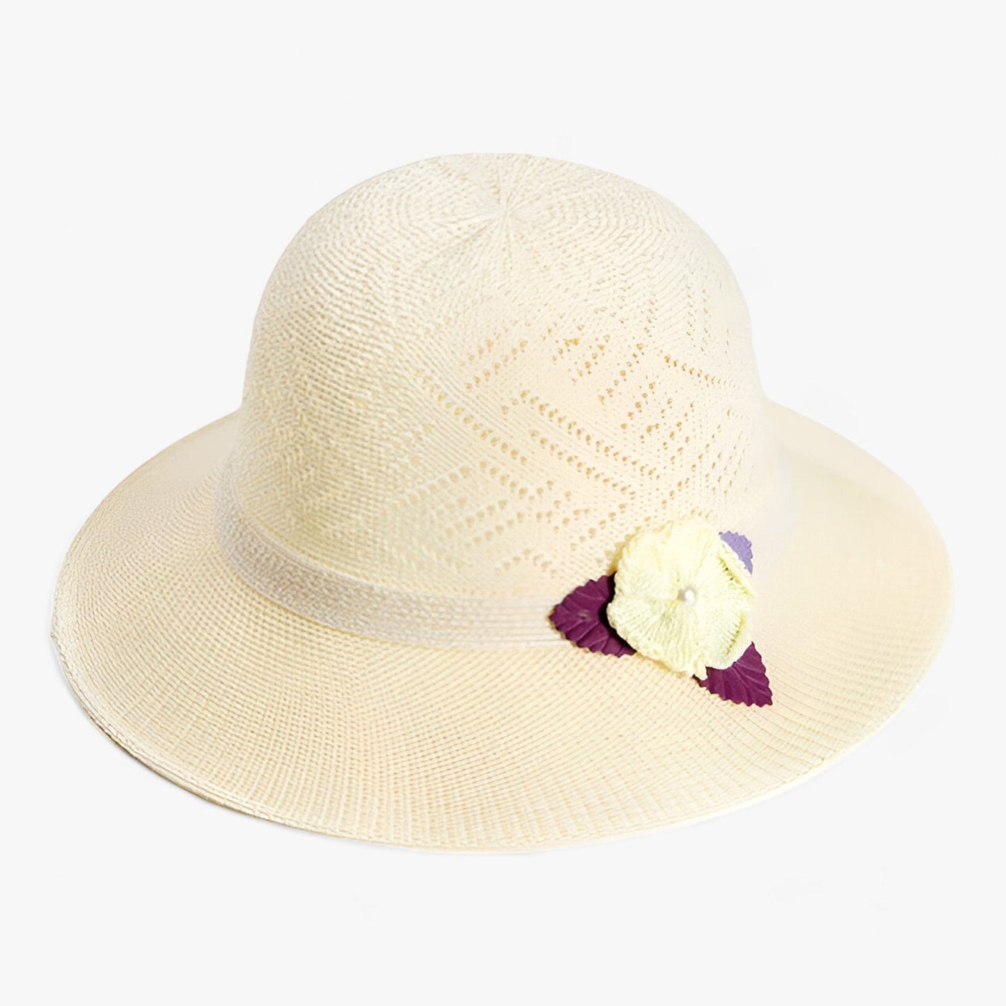 Dam Solhatt Bred Rand med Pärlblommor i Naturlig Fiber-5