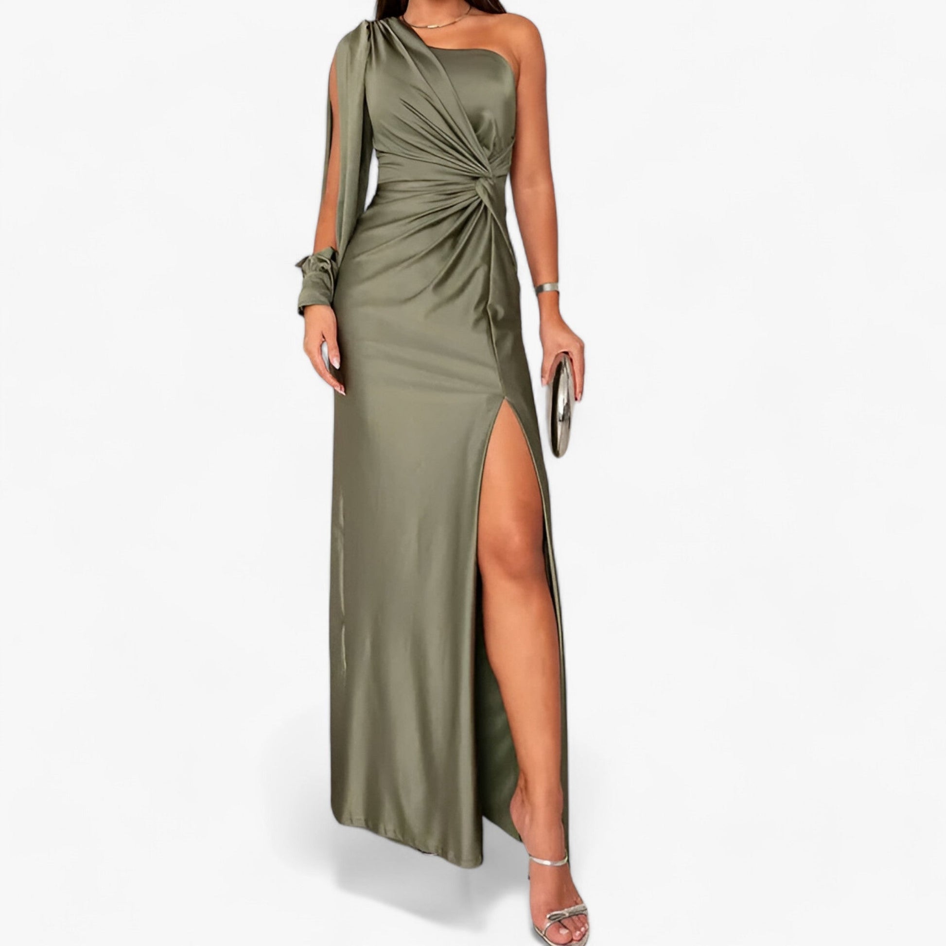 Kvinna Lång Klänning Elegant Satin Smickrande Silhuett 2