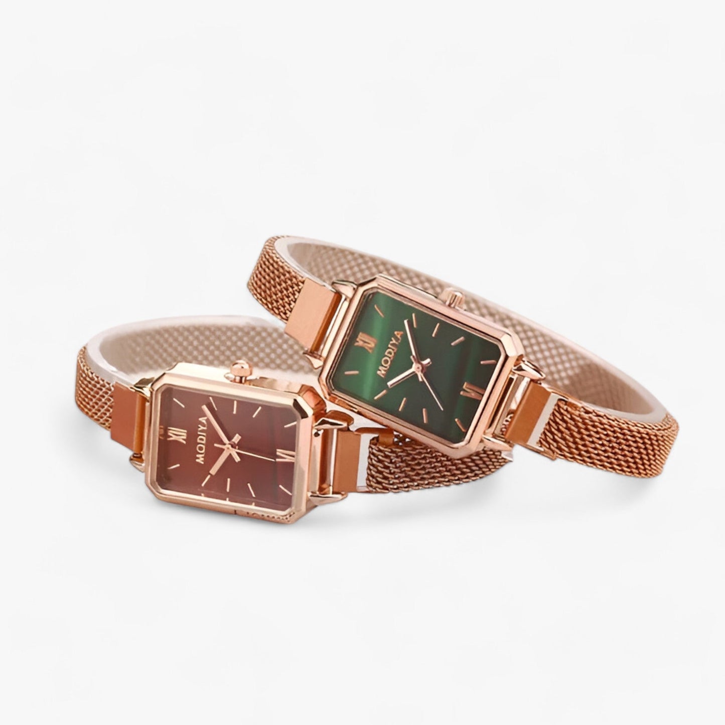 Damklocka med Kvadratisk Grön Urtavla och Magnetarmband i Rostfritt Stål – Elegant Klocka för Dam 3
