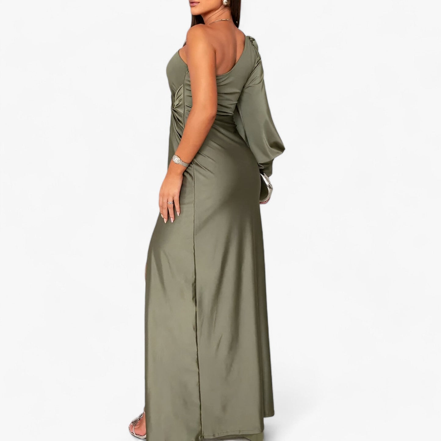 Kvinna Lång Klänning Elegant Satin Smickrande Silhuett 1