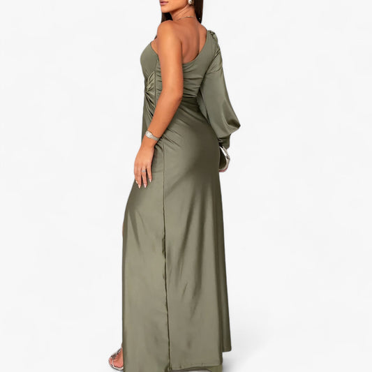 Kvinna Lång Klänning Elegant Satin Smickrande Silhuett 1
