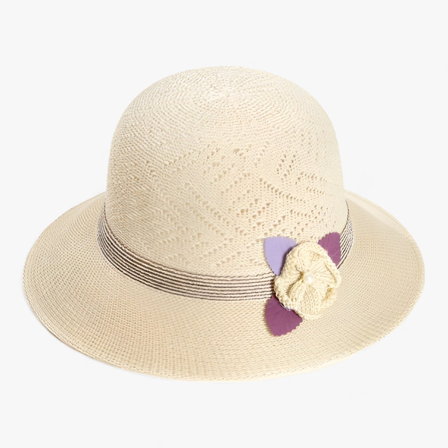 Dam Solhatt Bred Rand med Pärlblommor i Naturlig Fiber-6