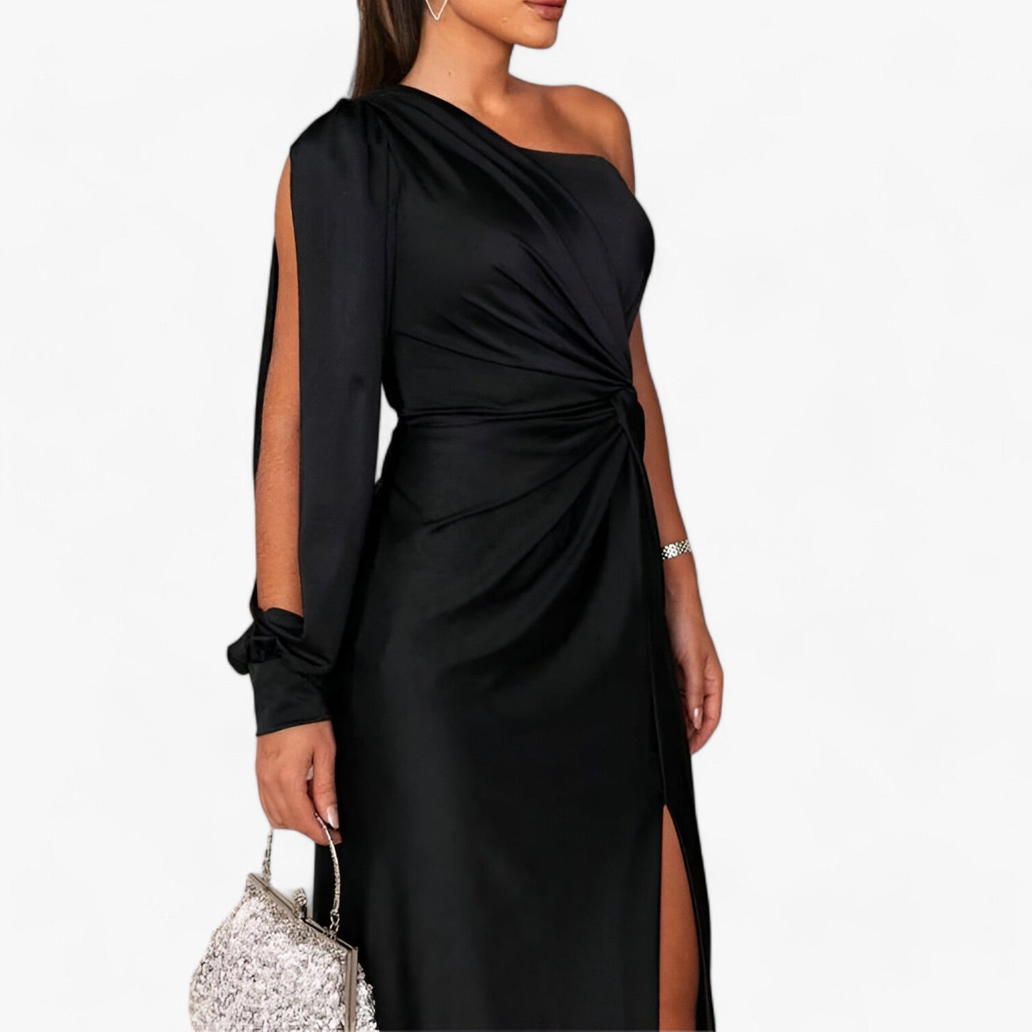Kvinna Lång Klänning Elegant Satin Smickrande Silhuett 3
