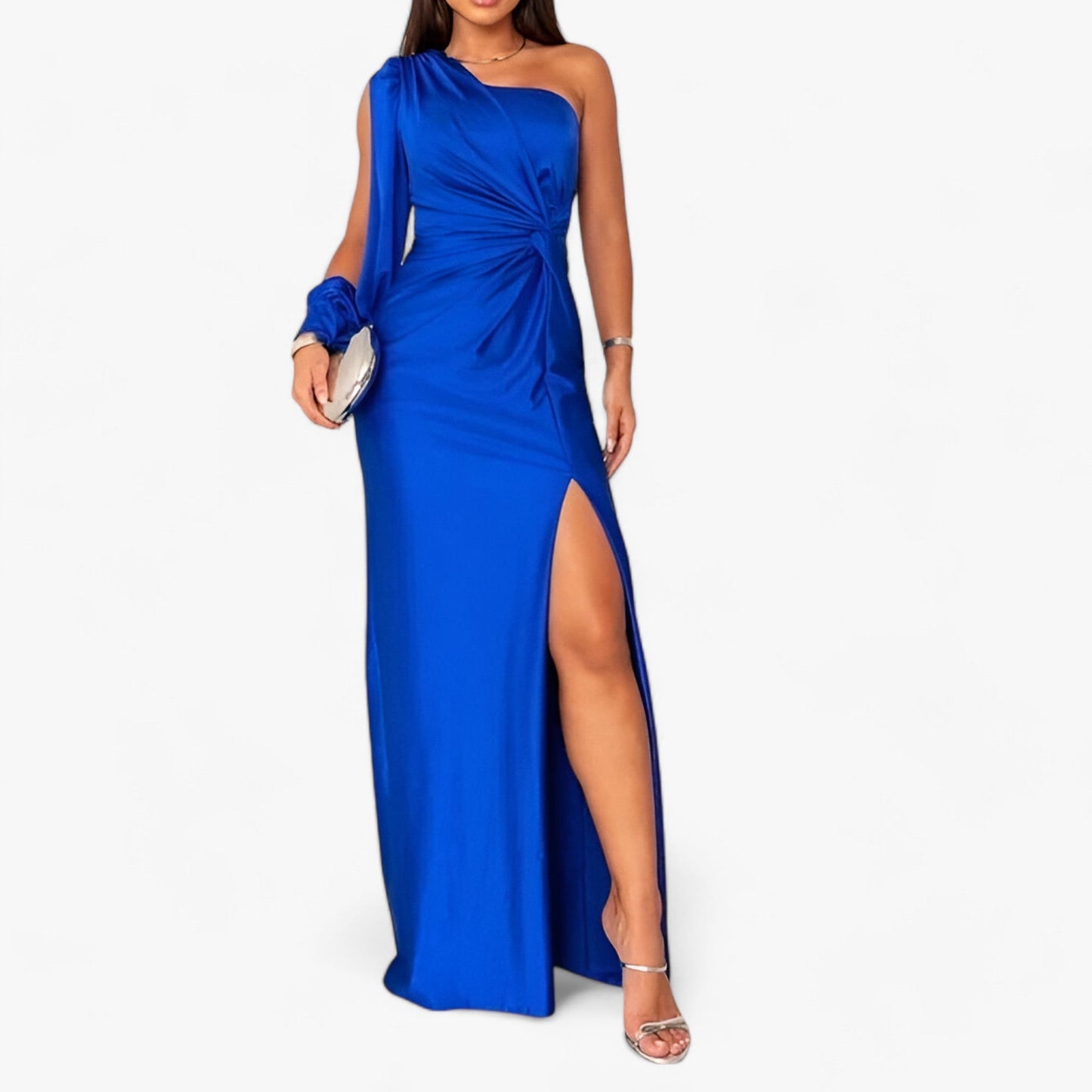Kvinna Lång Klänning Elegant Satin Smickrande Silhuett 4