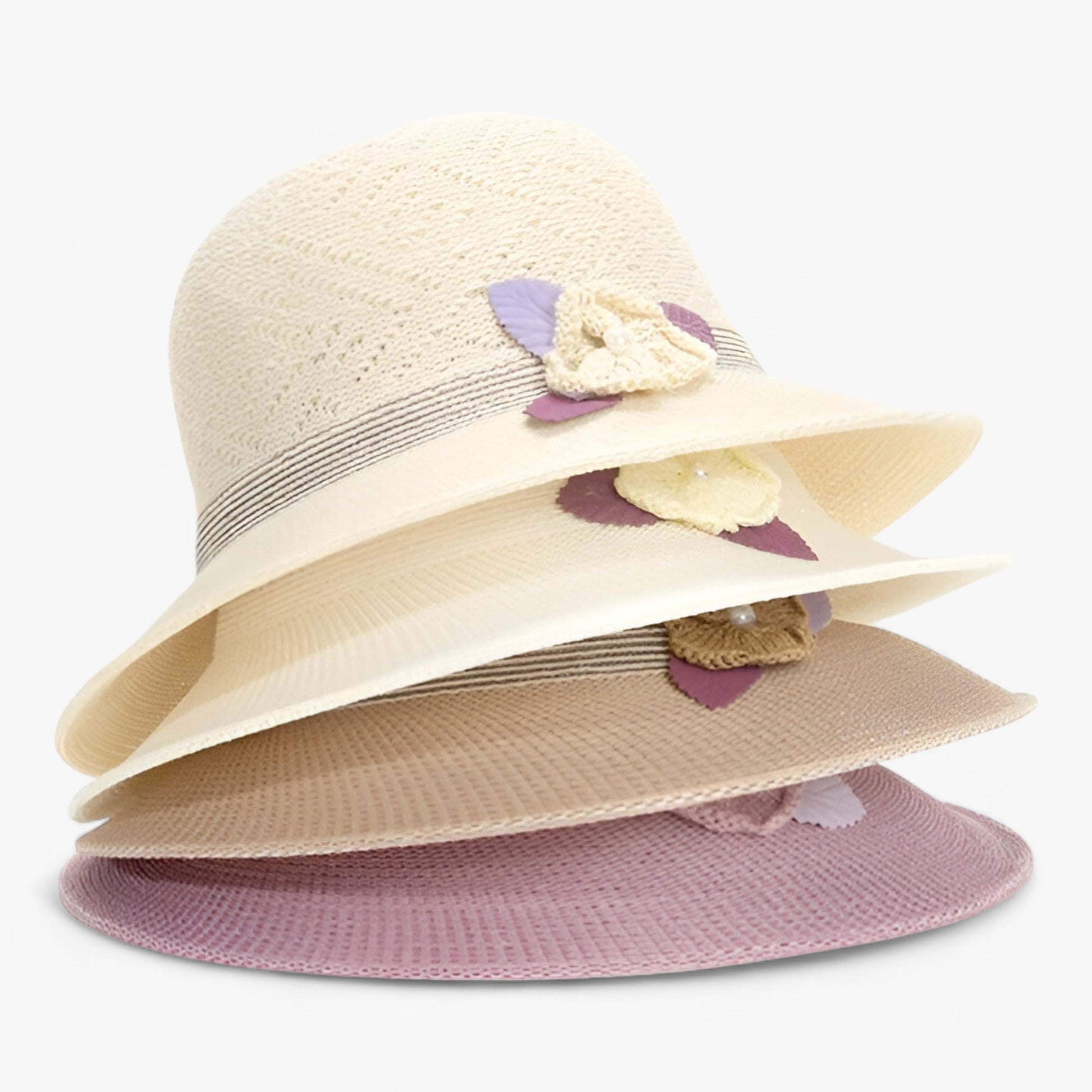 Dam Solhatt Bred Rand med Pärlblommor i Naturlig Fiber-2