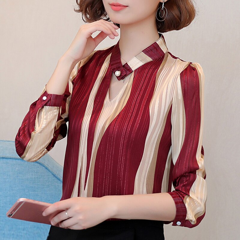 Dam Blus V-ringad Randig Chiffon-2
