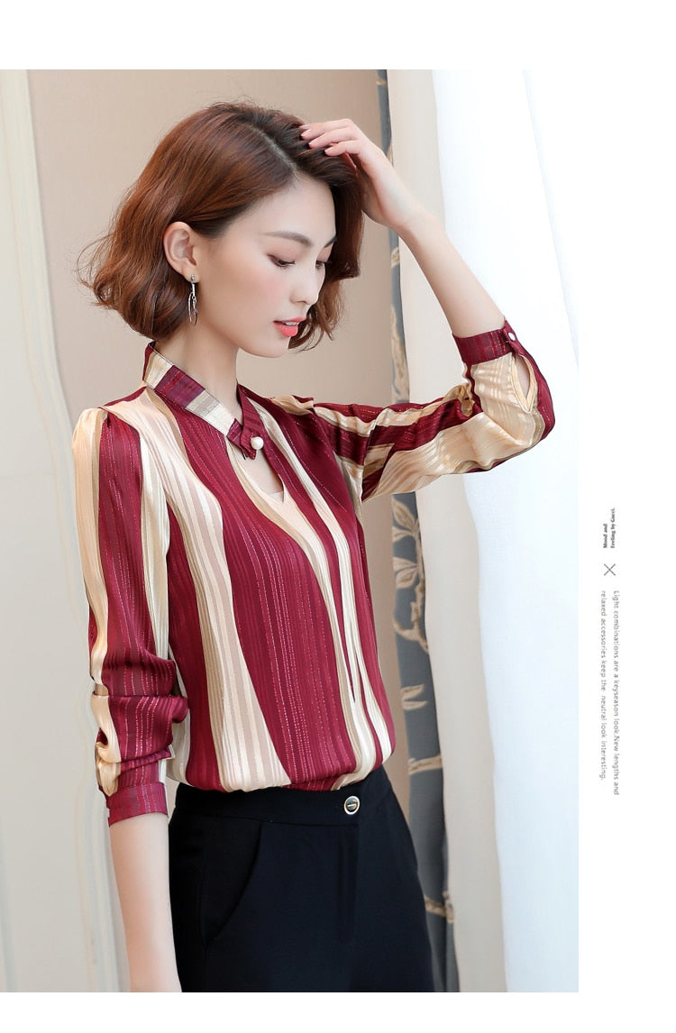 Dam Blus V-ringad Randig Chiffon-5