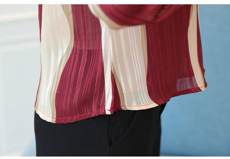 Dam Blus V-ringad Randig Chiffon-6