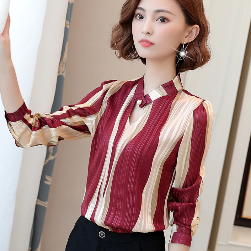 Dam Blus V-ringad Randig Chiffon-4