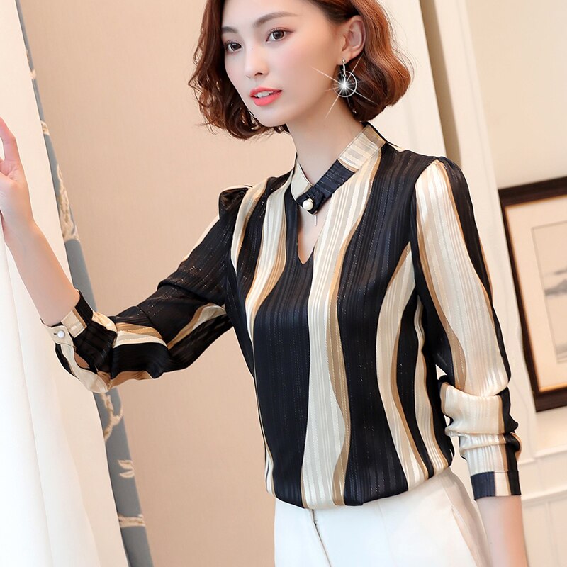 Dam Blus V-ringad Randig Chiffon-3