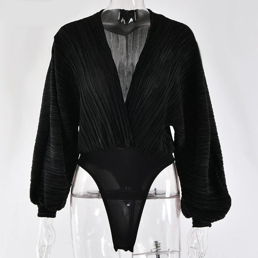 Dam Bodysuit V-hals LÄngÀrmad Spandex-1