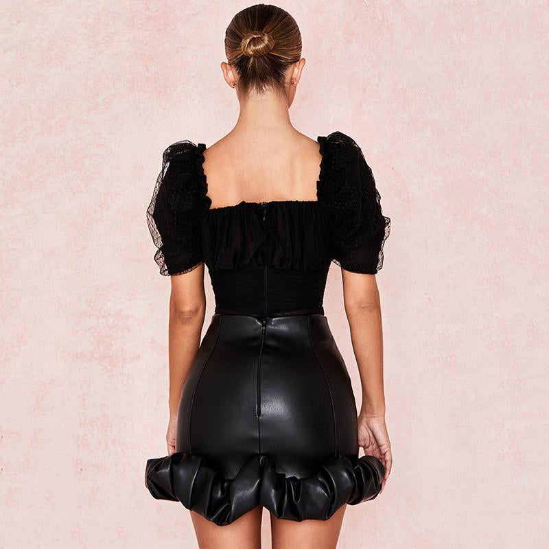 Dam Bodysuit Båthalsring Puffärmar Polyester-Spandex-2