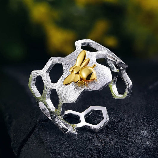 Ring i 925 Sterling Silver med Design av Bin och Honungskakor-1