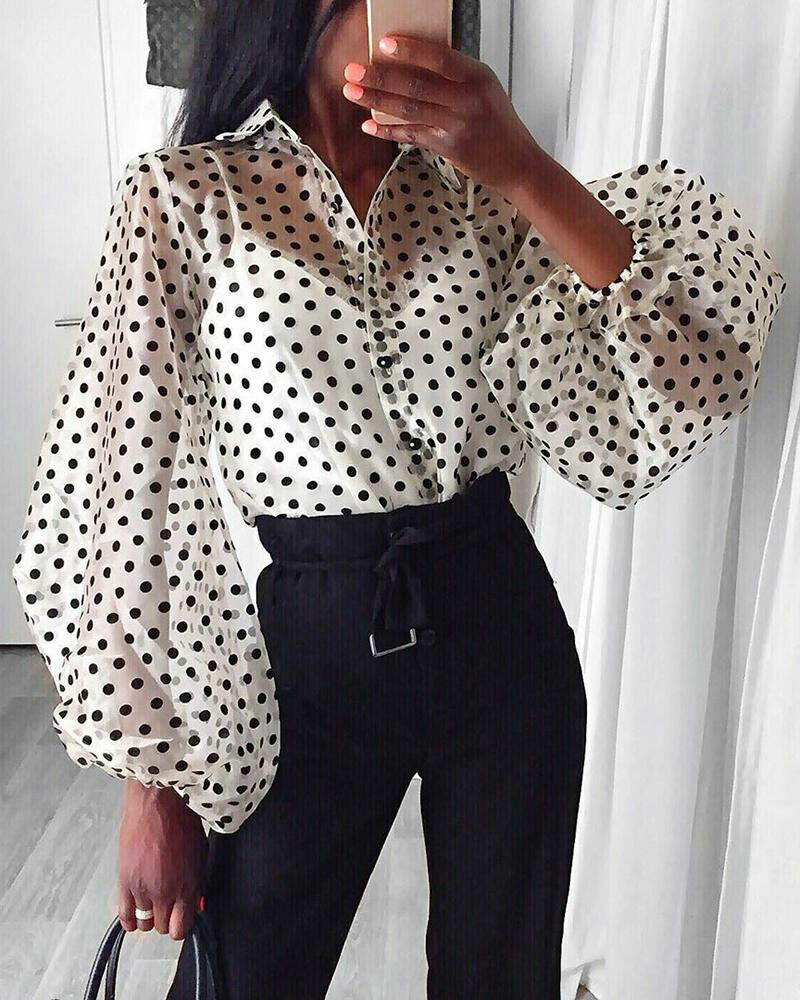 Dam Blus Puffärmar Transparent Prickig Polyester-3