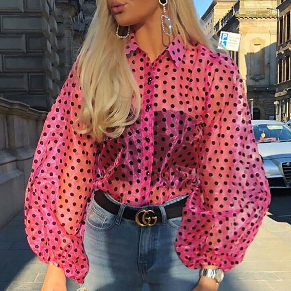 Dam Blus Puffärmar Transparent Prickig Polyester-5