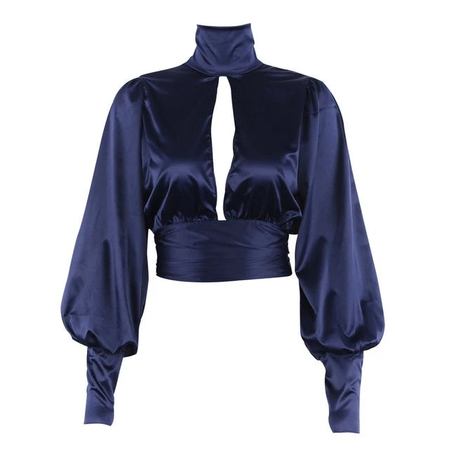 Variant image for Kvinnors Kort Blus Djup V-Front Satin med Puffärmar-1