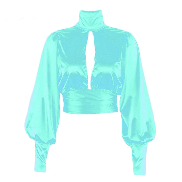 Variant image for Kvinnors Kort Blus Djup V-Front Satin med Puffärmar-21