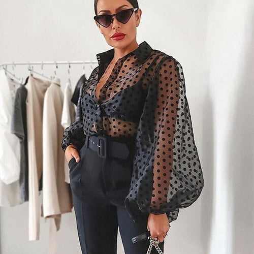 Dam Blus Puffärmar Transparent Prickig Polyester-1